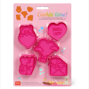5 COOKIE CUTTERS WITH STAMPS - COOKIE TIME! - LOVE